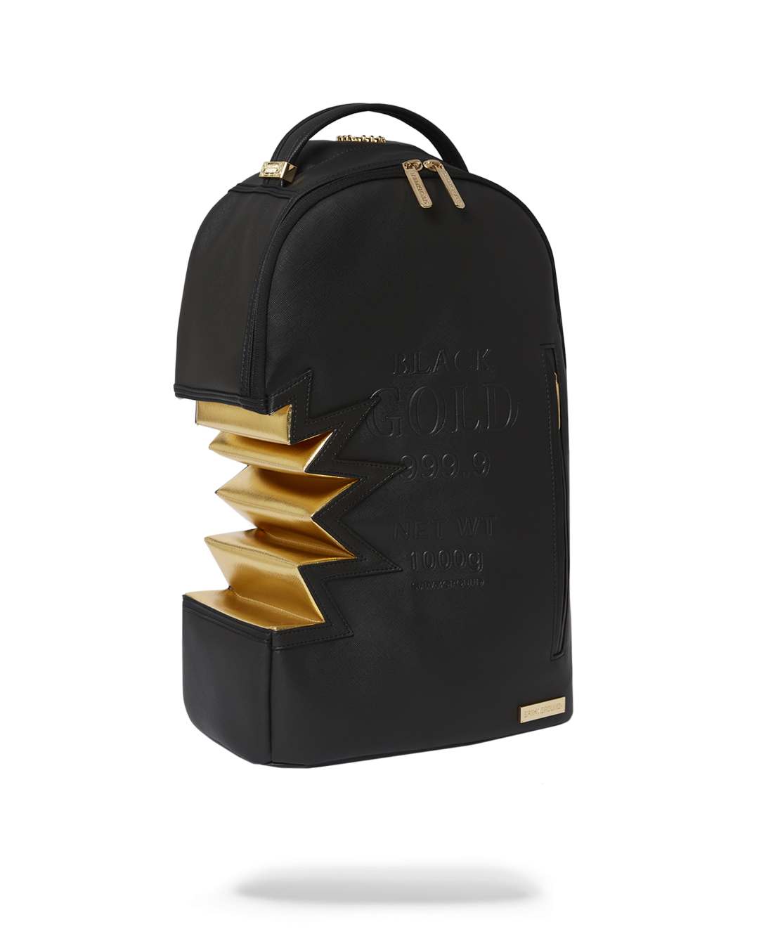 Shark Bite Black Gold Backpack front view highlighting pockets and straps