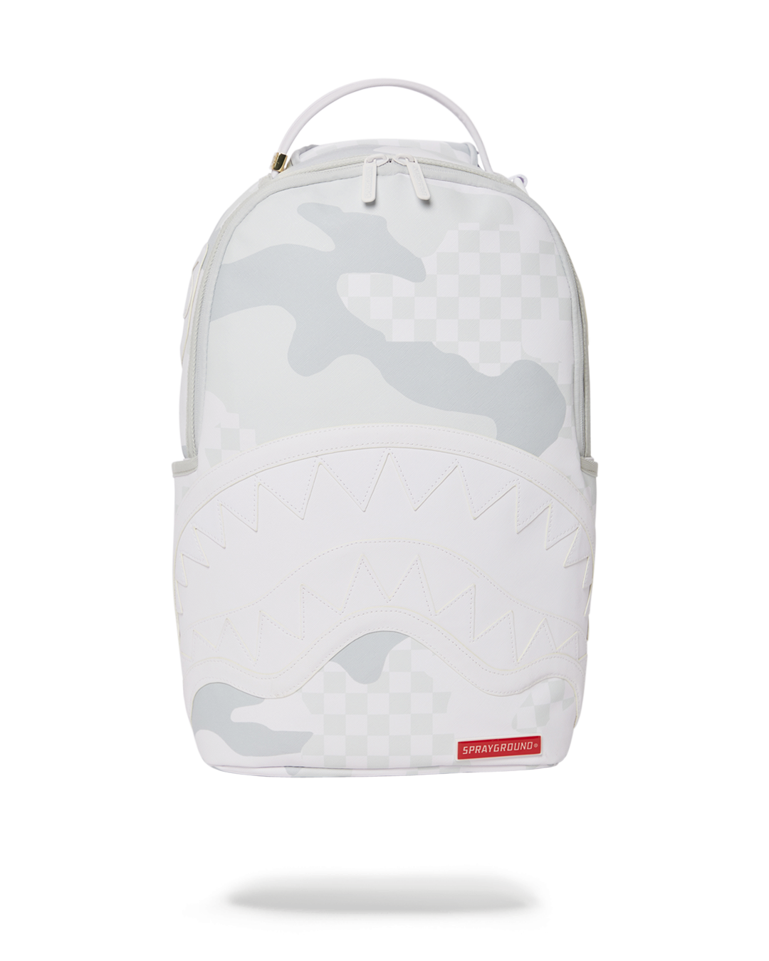 Front view of the 3AM LE BLANC luxury backpack with gold zippers.
