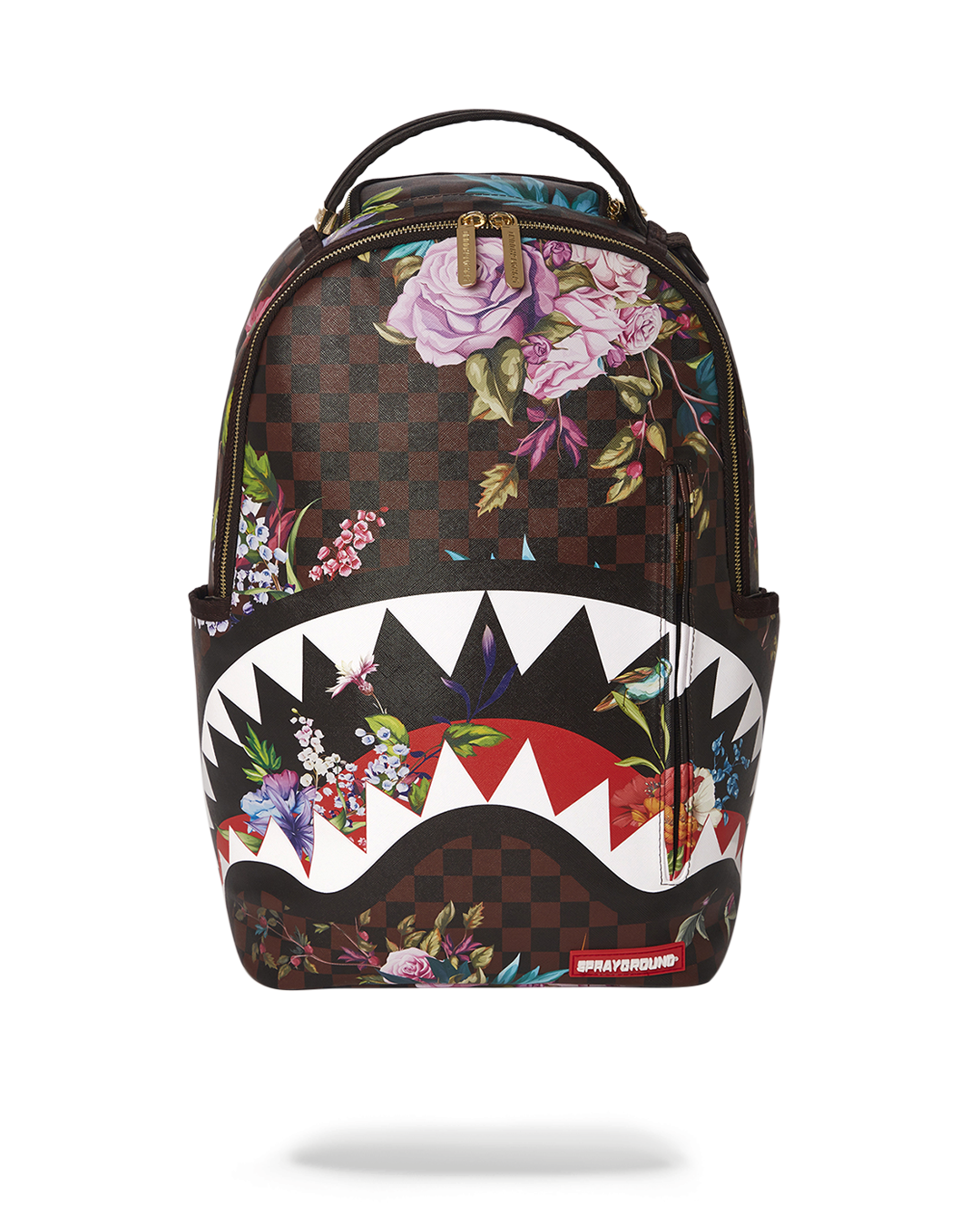 Front view of SharkBloom backpack showing gold zippers and structured vegan leather