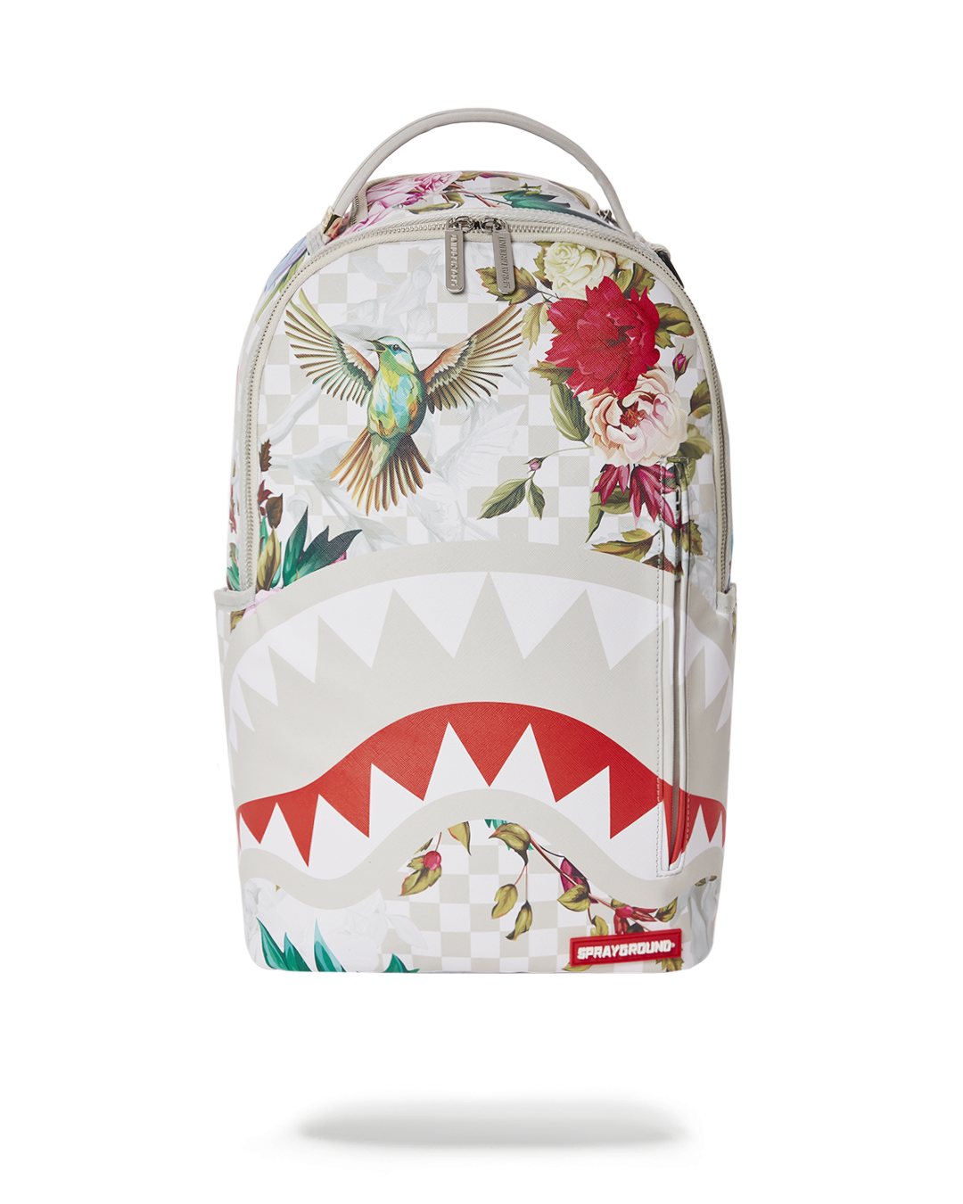Front view of the vegan leather backpack showing gold zippers and spacious compartments