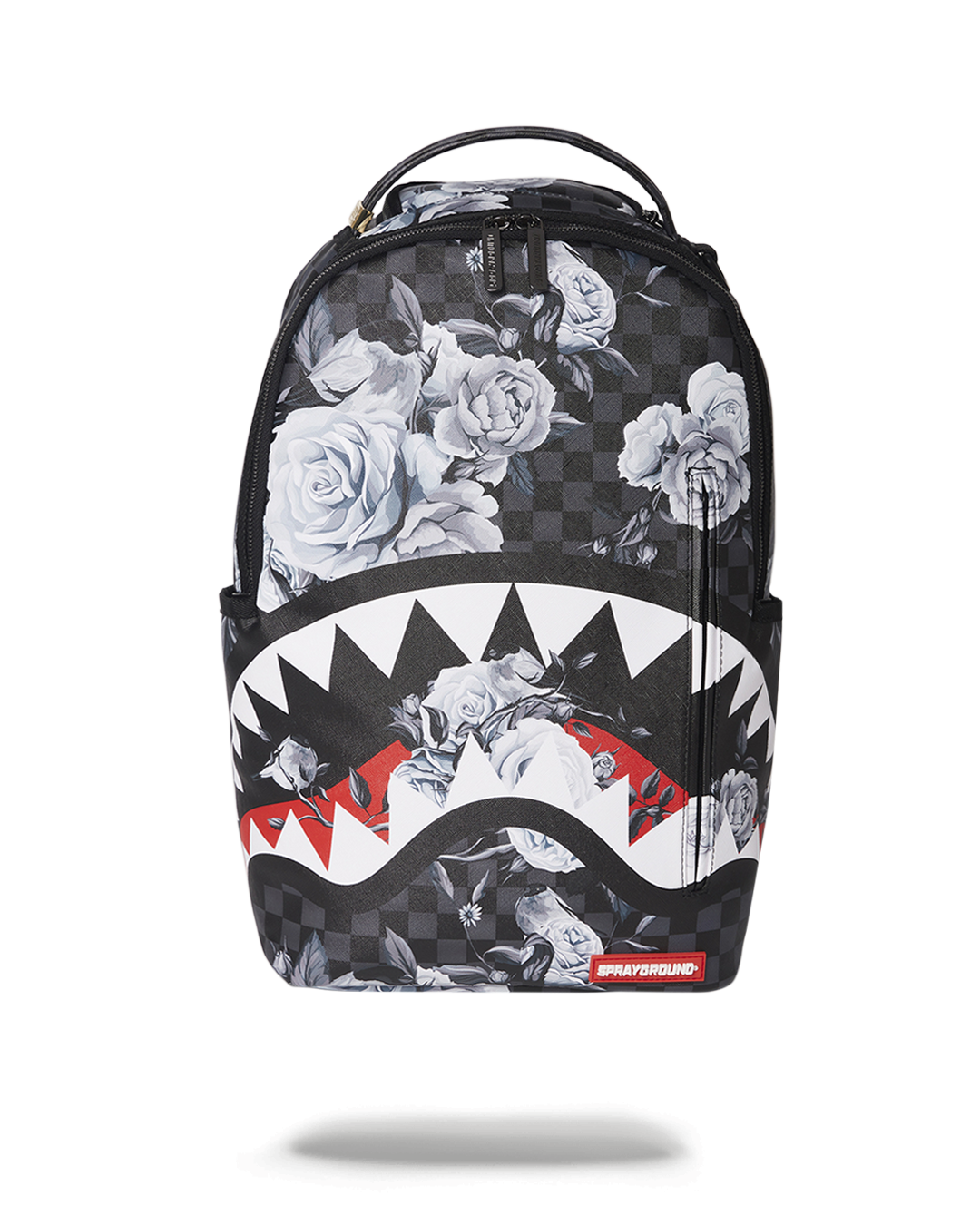 Sprayground Vegan Leather Backpack with front zipper pocket and side pockets, perfect for daily use.