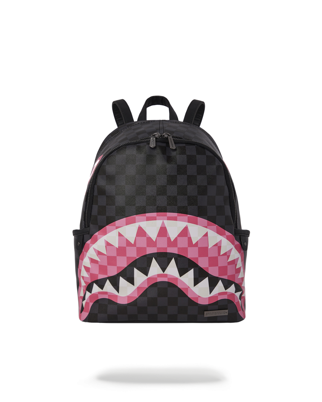 Front view of Candy Savage vegan leather backpack showcasing zippered compartments.