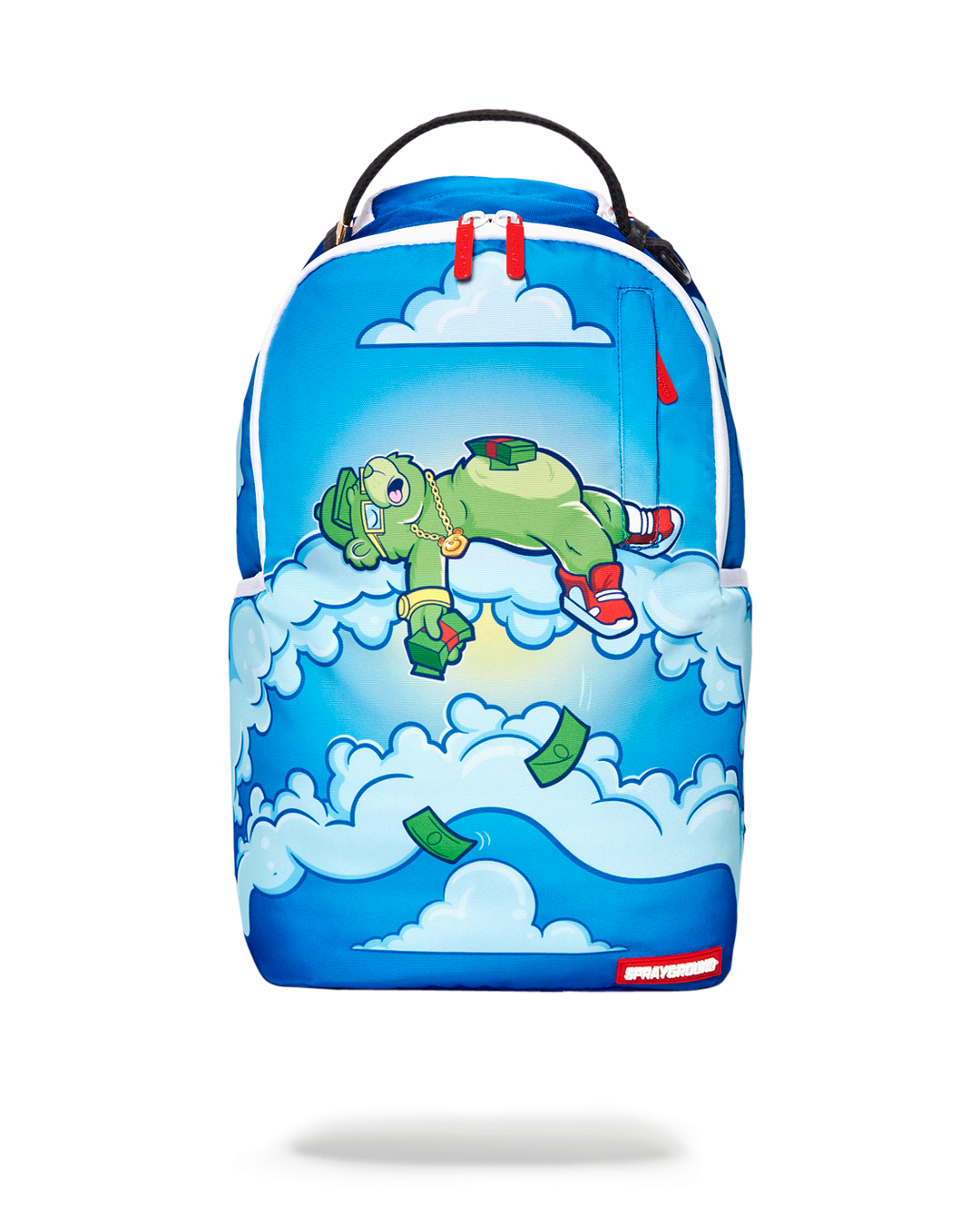 Close-up of the backpack's front zipper pocket and durable 900D Poly fabric