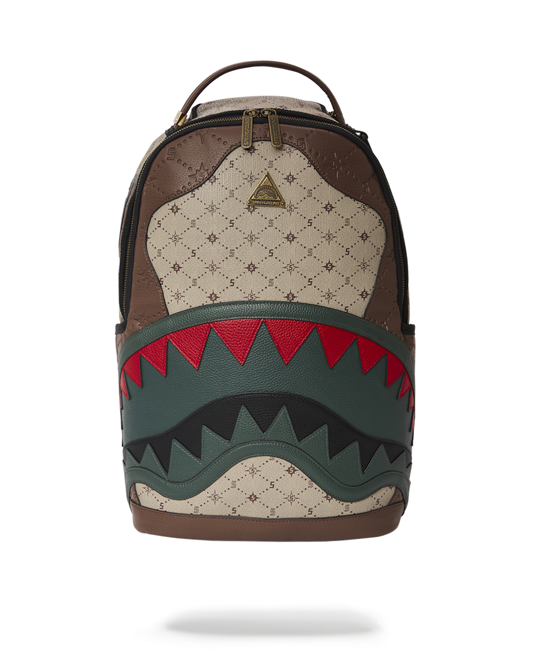 Front view of the vegan leather backpack with red zippers and bold branding