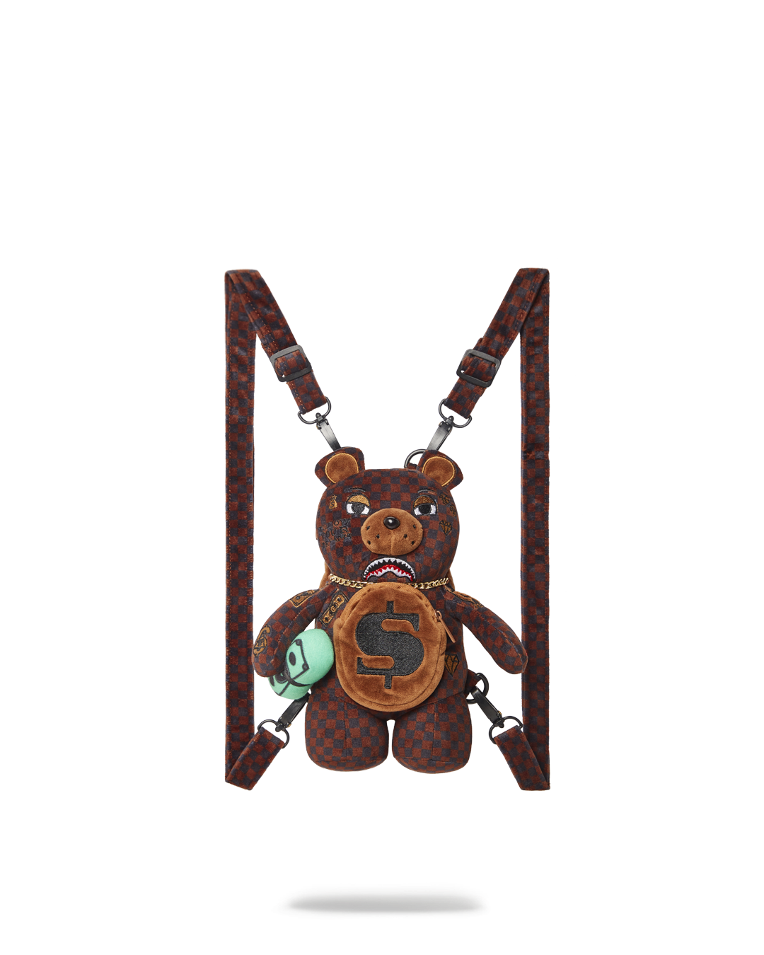 Front view of the Sharks in Paris teddy bear backpack with gold necklace detail