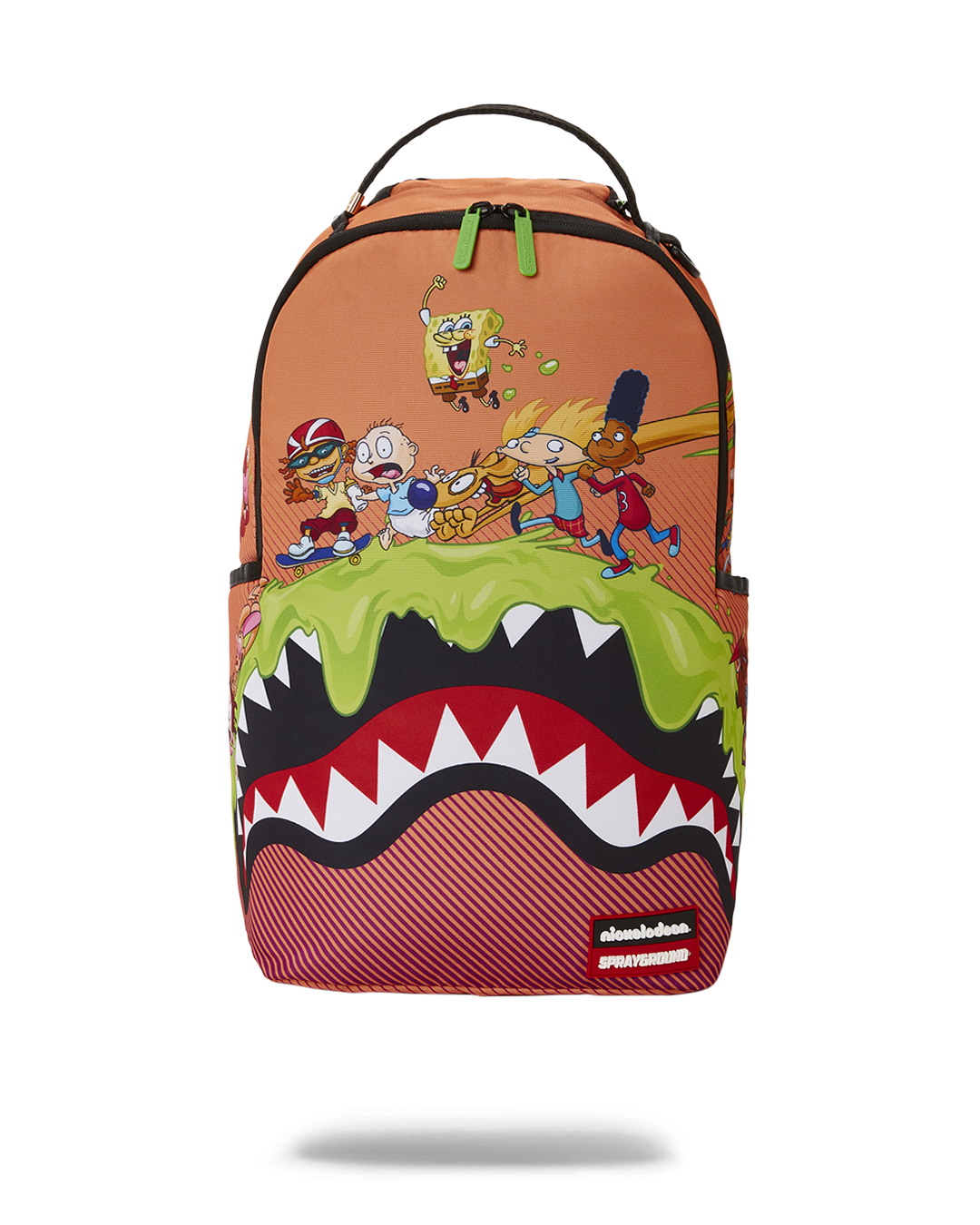 Front view of the Nickelodeon slime backpack with green zippers and ergonomic straps