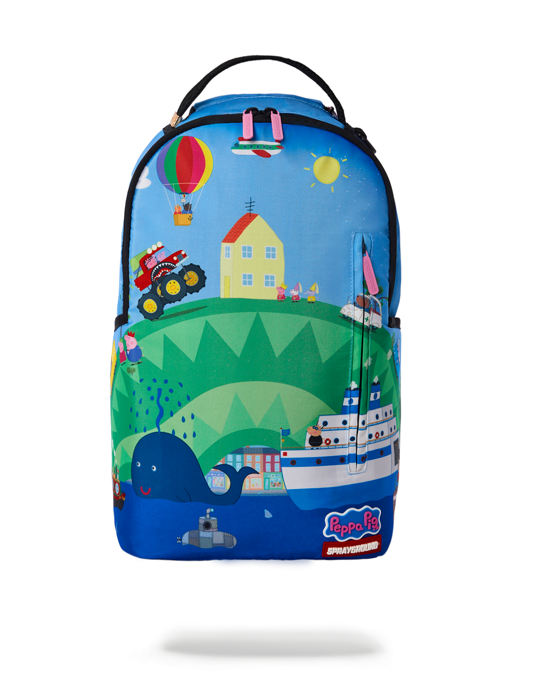 Peppa Pig backpack on a wooden desk with school supplies