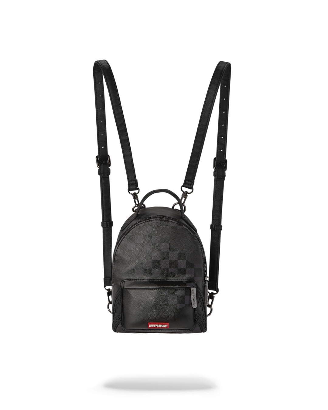 Front view of mini backpack purse attached to keyring with earbuds inside