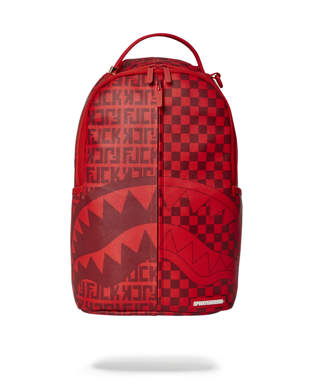 Front view of the vegan leather backpack showing gold zippers and organized compartments.