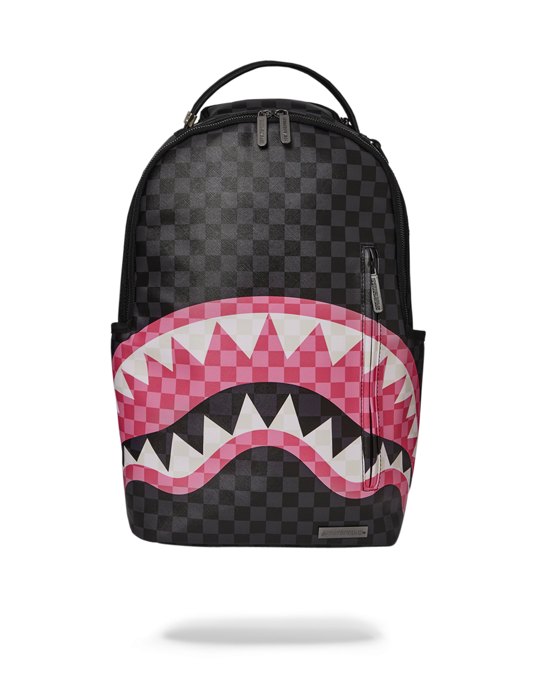 Front view of the Sharks in Candy vegan leather backpack with gold zippers