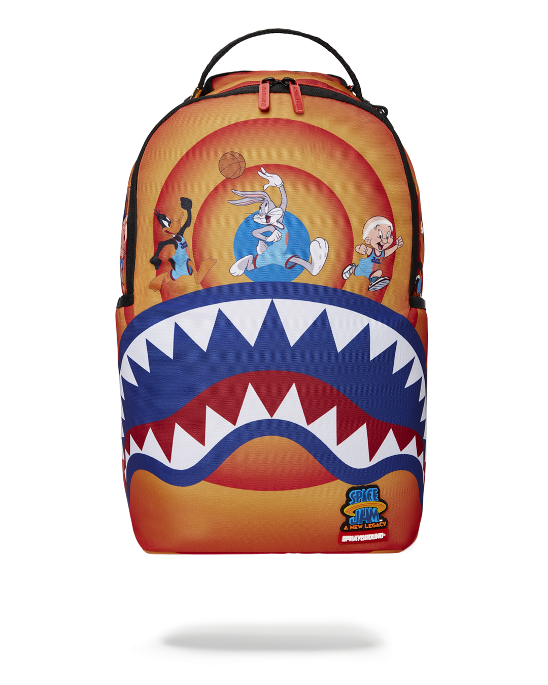 Front view of the Space Jam shark dunk bag showing bold graphics and red zippers