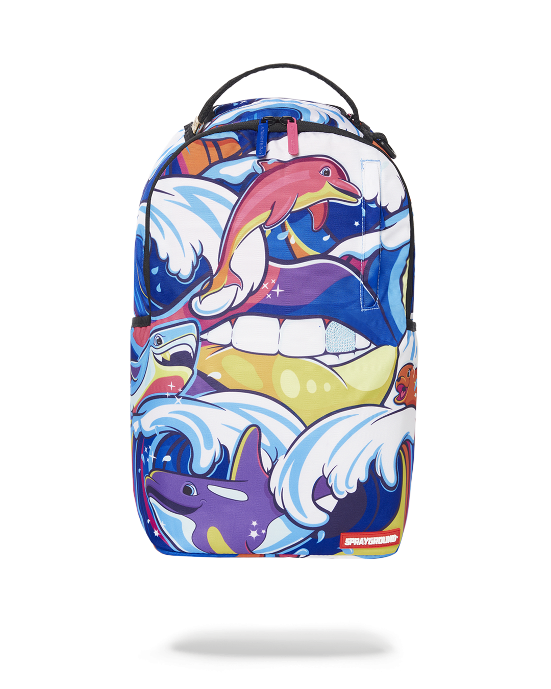 Front angle of the DLXR EcoWave backpack showing zip compartments and Sprayground badge