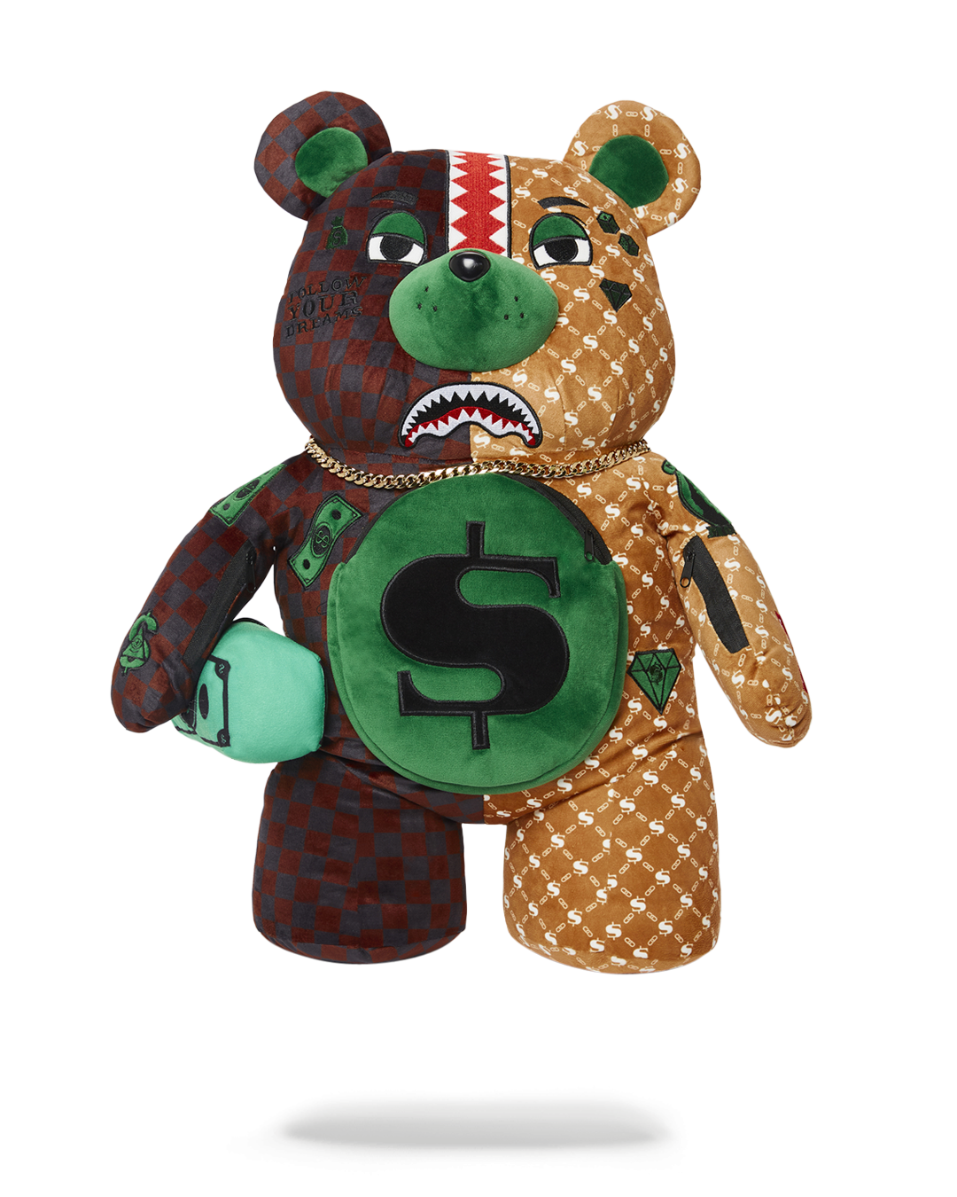 Front view of the limited edition Sprayground teddy bear backpack showcasing its unique design.