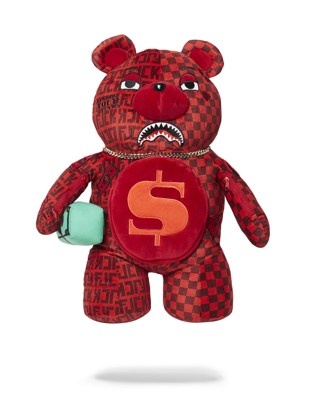 Front view of Sprayground Money Bear backpack with gold necklace detailing
