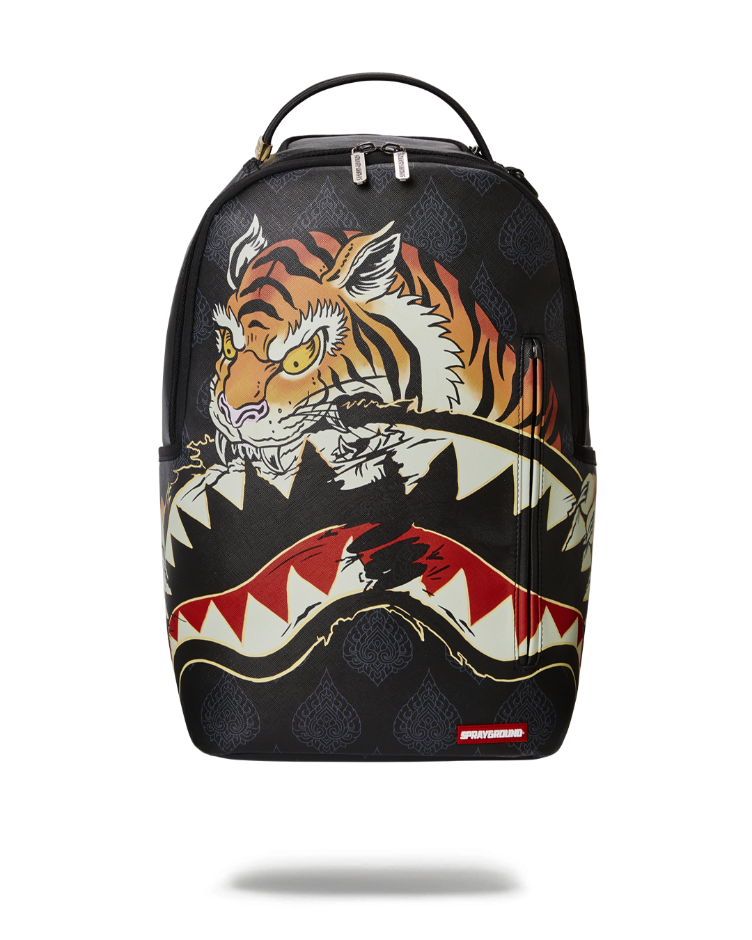 Front view of tiger print leather backpack showing zippered compartments