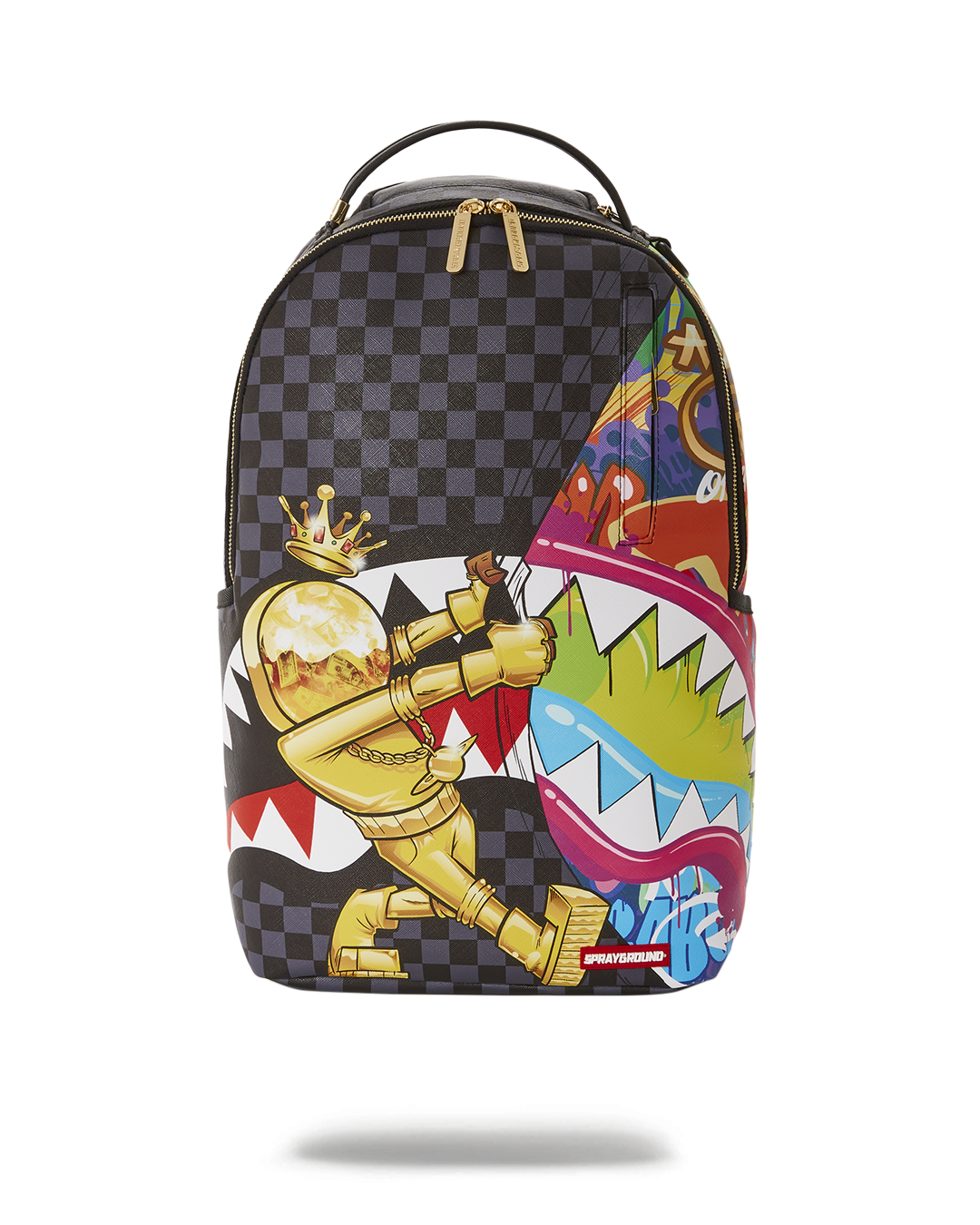 Front view of faux leather backpack with gold zippers and space shark print