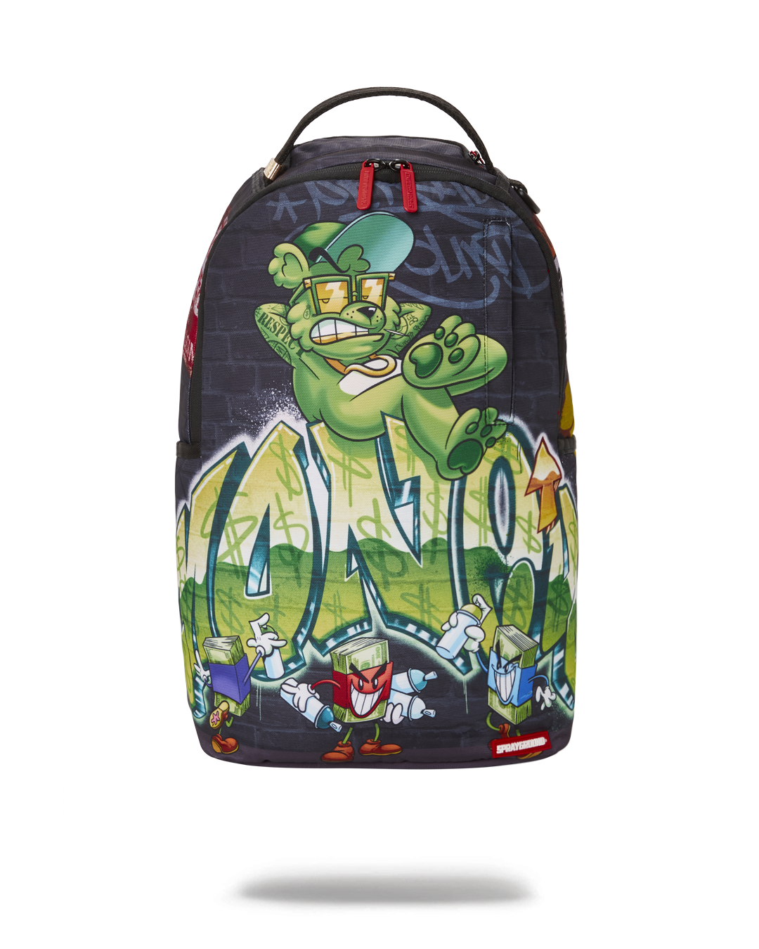 Front angle of DLXR recycled backpack with sunglass and laptop compartments