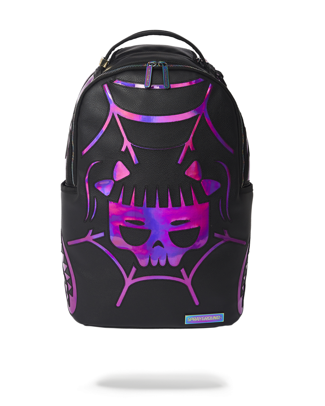 Close-up of Cazzu backpack’s iridescent vegan leather and spider skull detailing