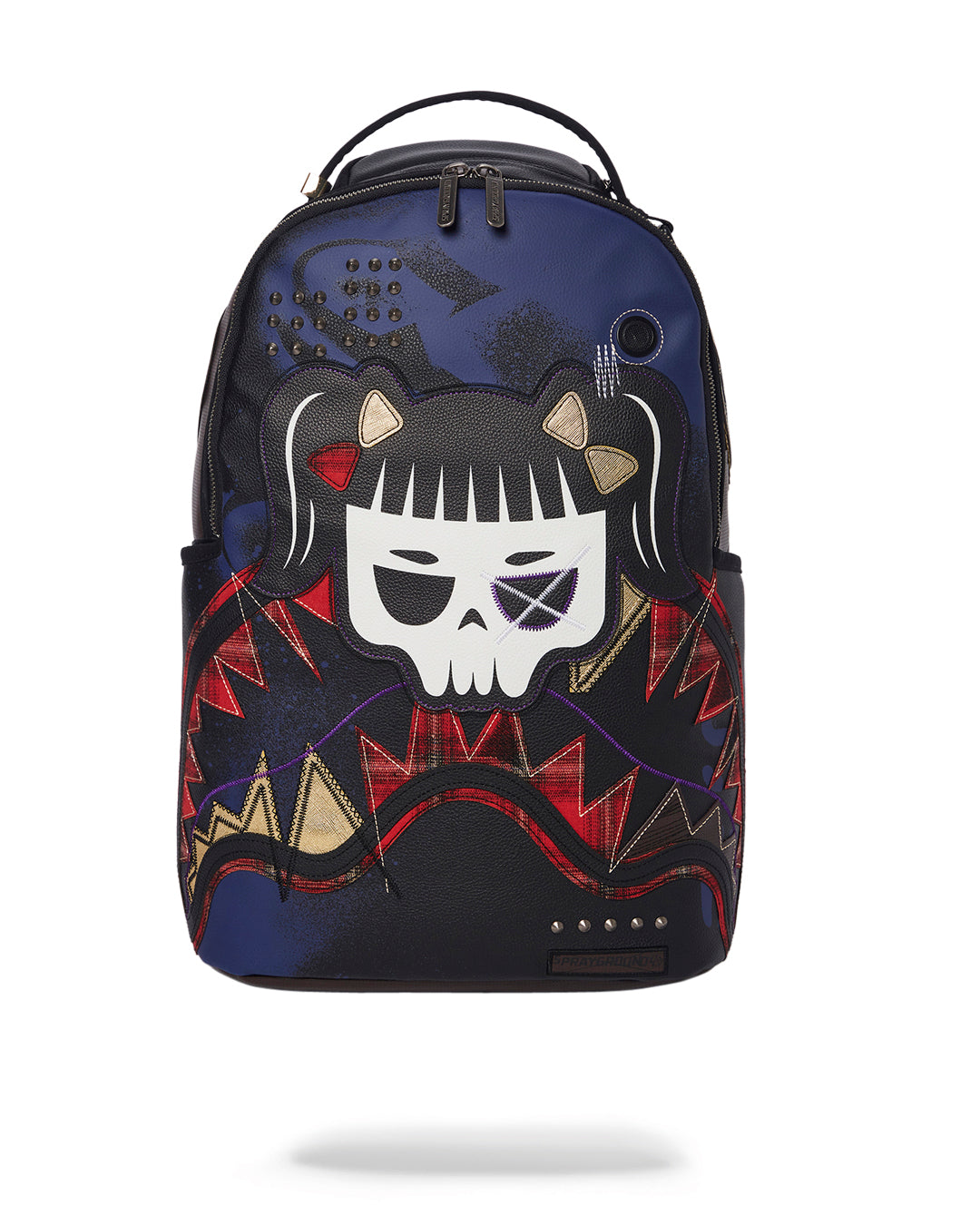 Front view of the faux leather punk shark backpack with gold zippers