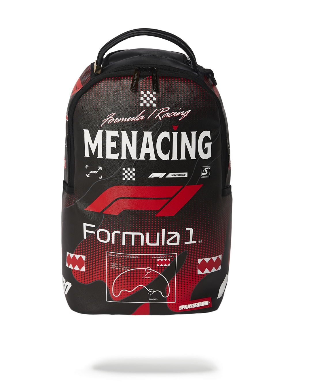 Front view of the Formula 1 vegan leather backpack showcasing red zippers.