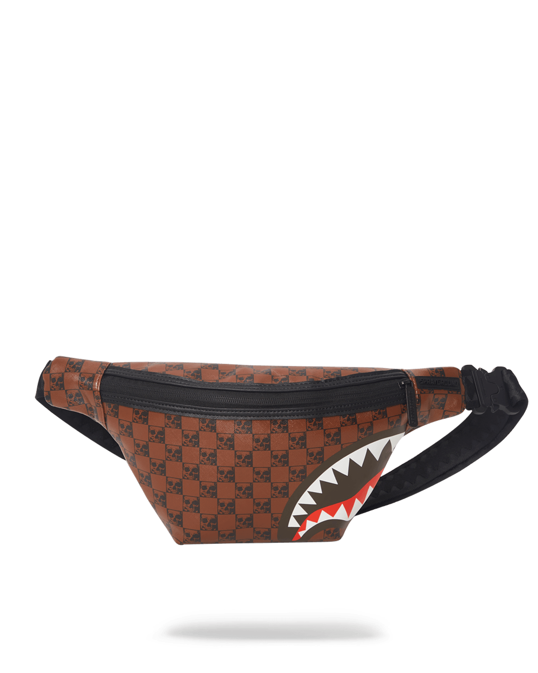 Front view of the sharks and skulls crossbody waist bag, showcasing its stylish design.