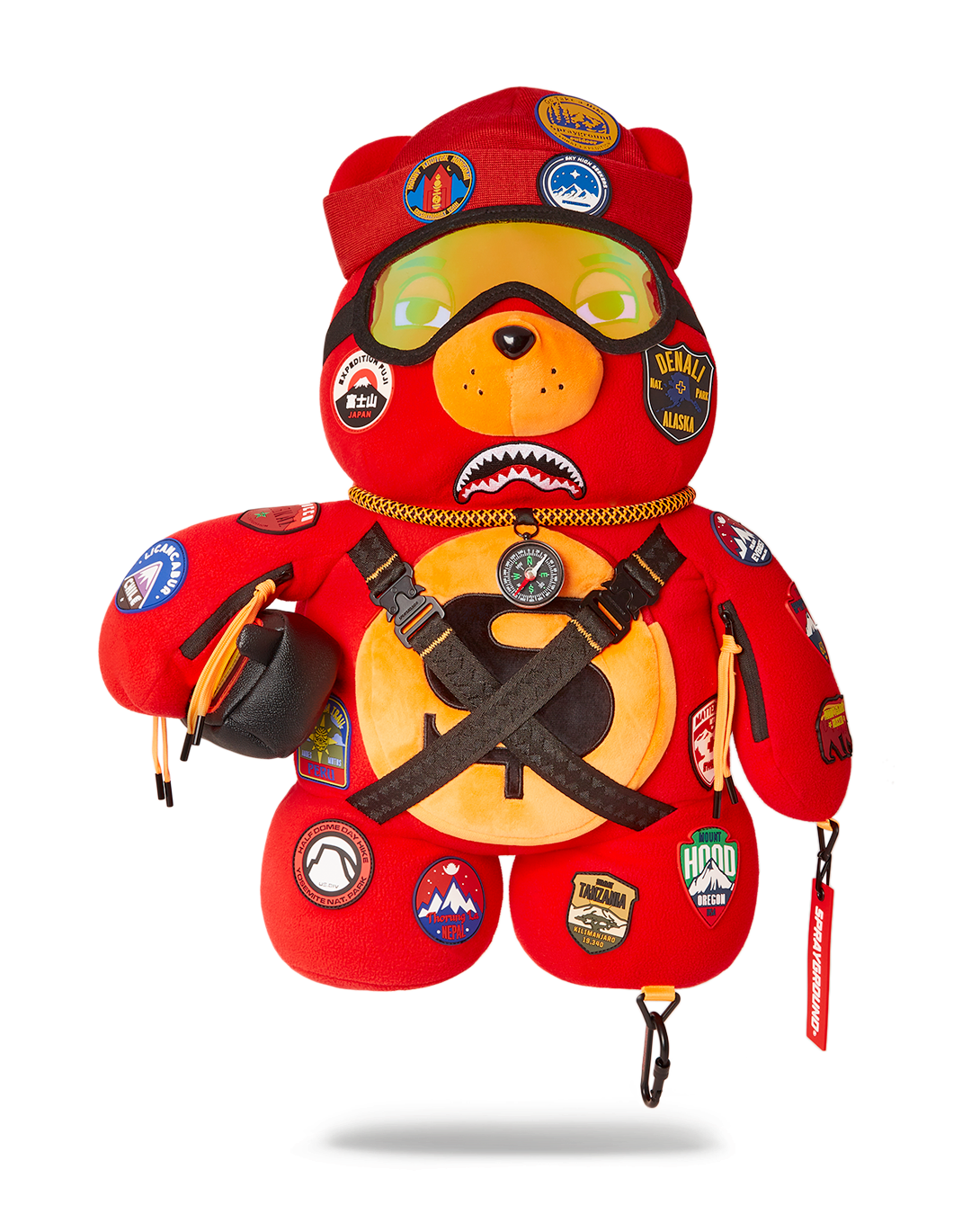 Front view of the Limited Edition Sprayground Teddy Bear Backpack featuring mountain patches.