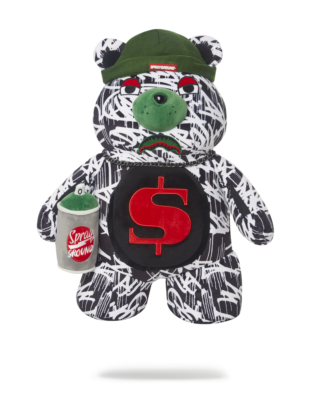 Front view of the Night Night Moneybear kids backpack, showcasing its soft teddy bear design and gold necklace.