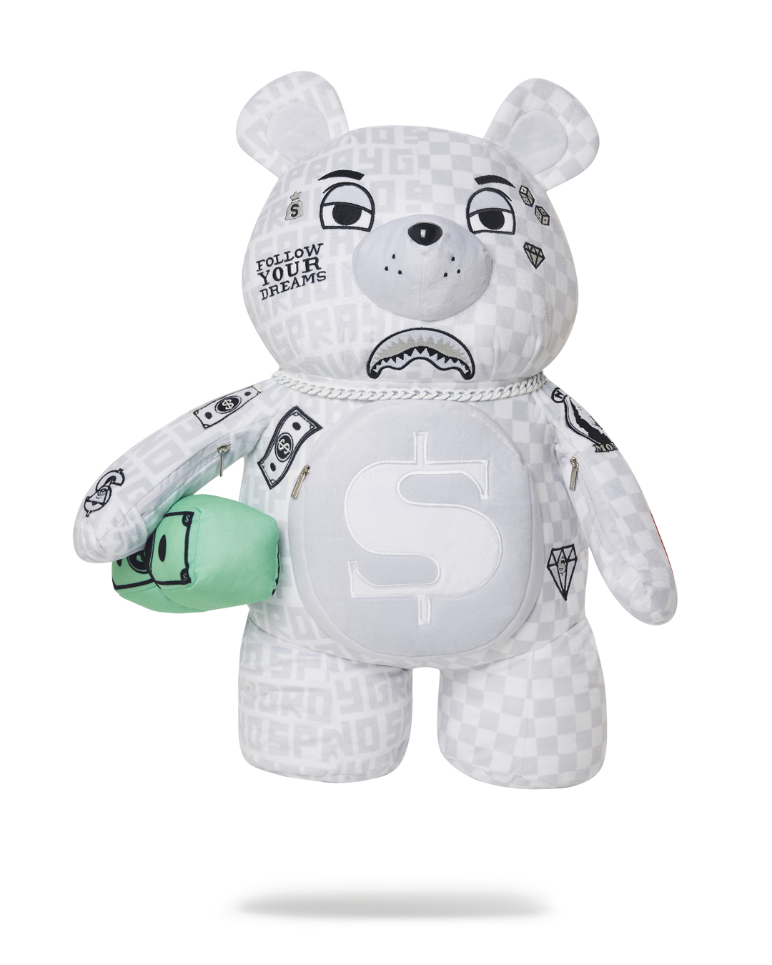 Front view of the Limited Edition Money Bear Teddy Backpack with gold necklace.