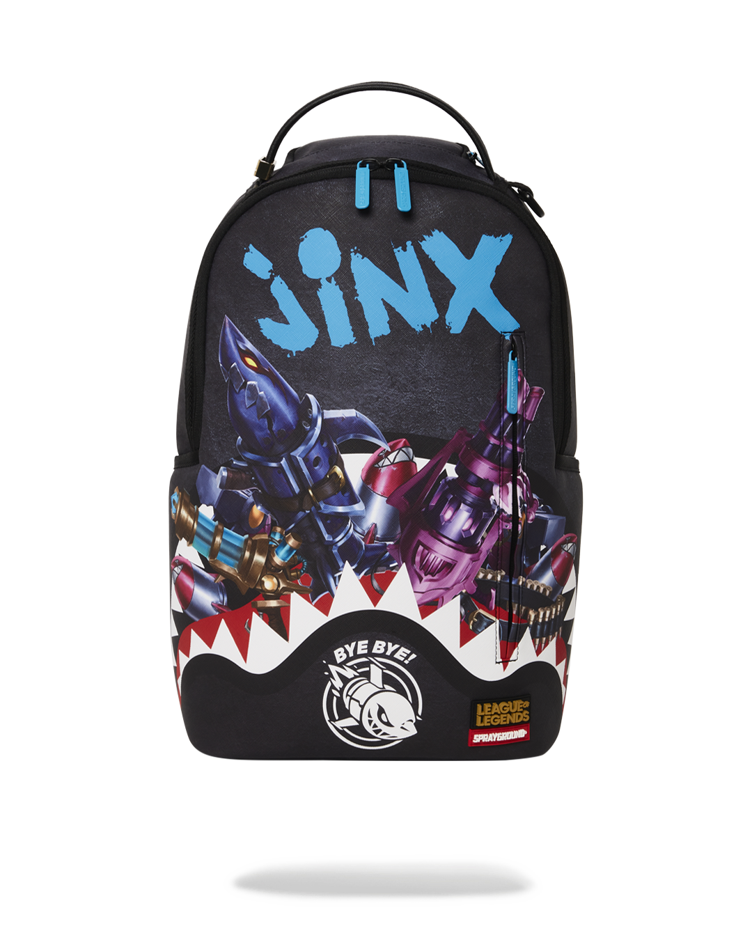 Front view of Jinx DLXV League of Legends backpack with sleek vegan leather finish