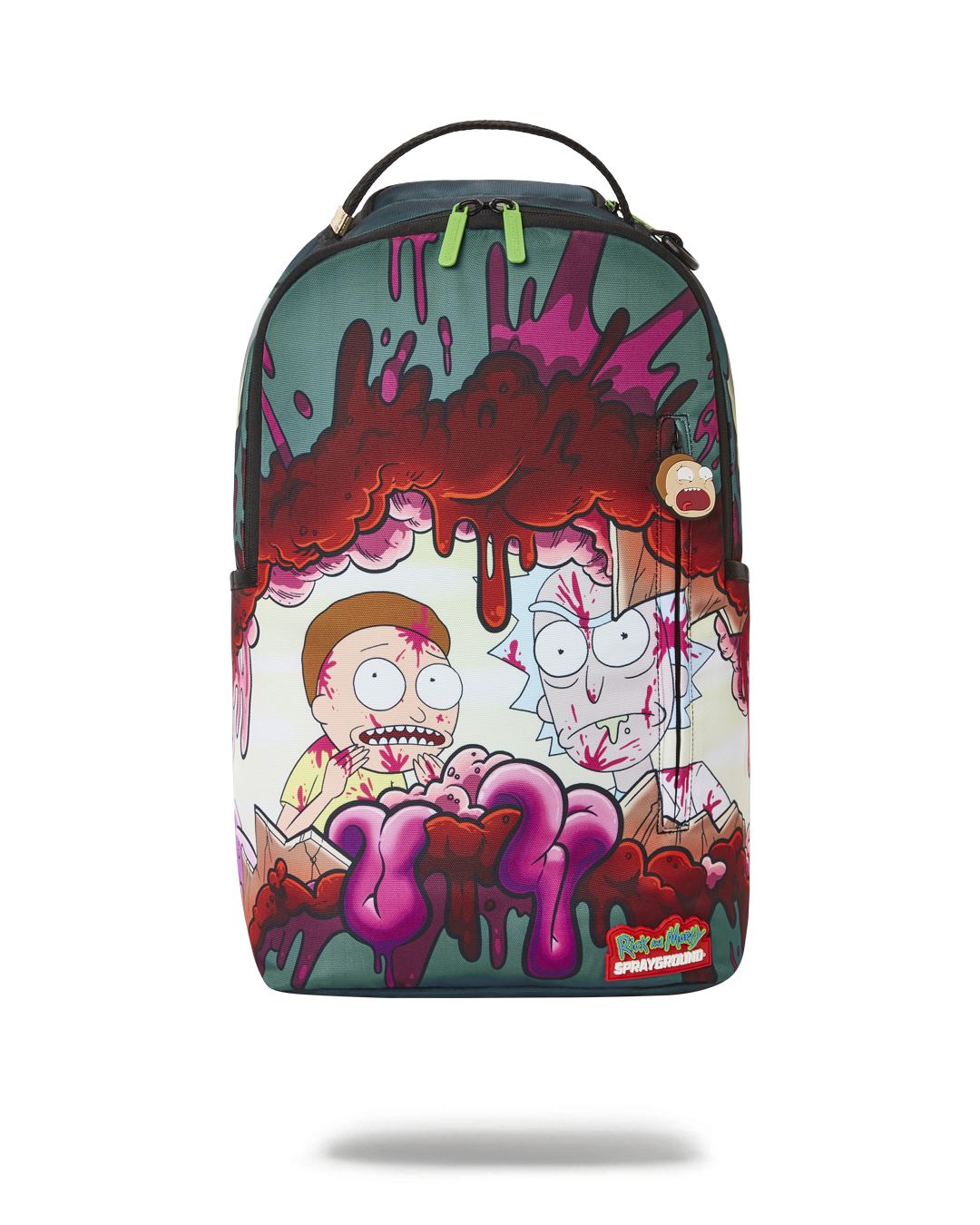 Close-up of Rick and Morty Sharkmouth print on clear Sprayground backpack