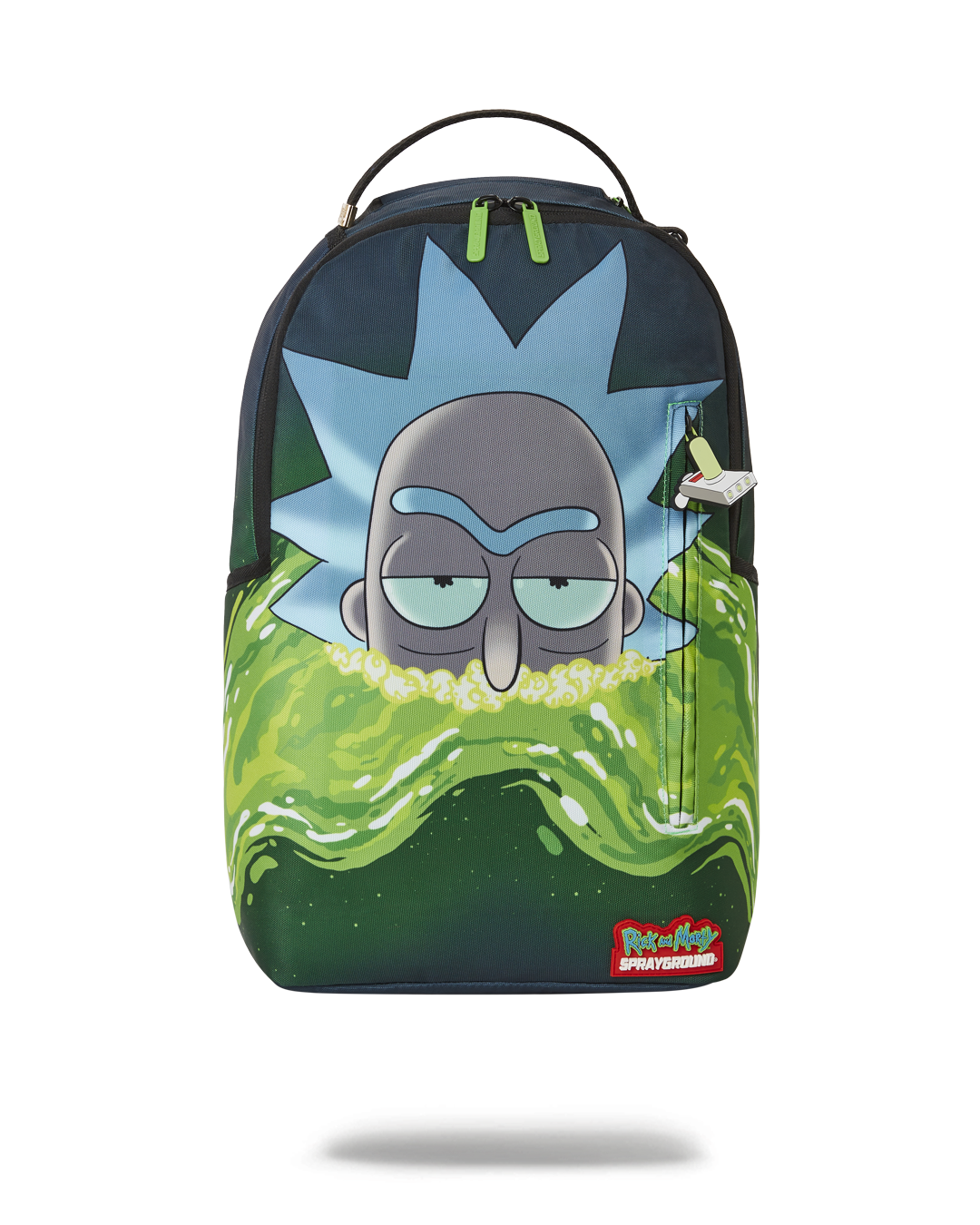 Rick and Morty backpack open, showing laptop compartment and organizer pockets