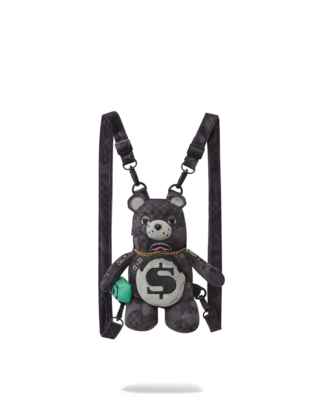 Teddy Bear Mini Backpack with gold accents and chain necklace, front view