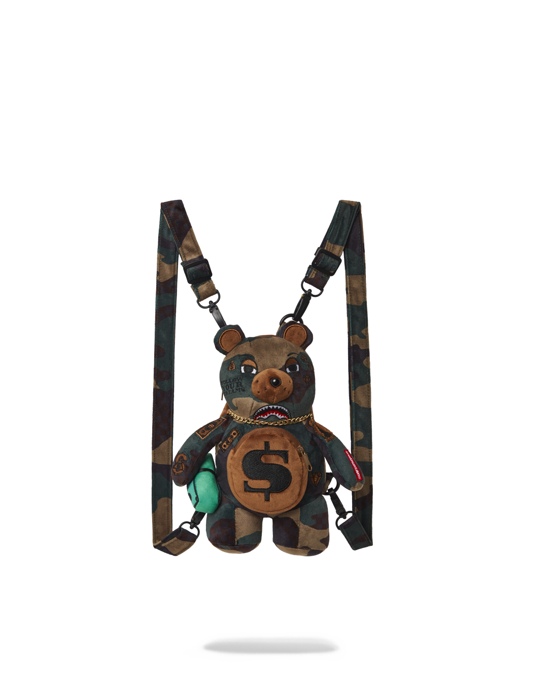 Sprayground Money Bear Backpack shown from front with gold chain