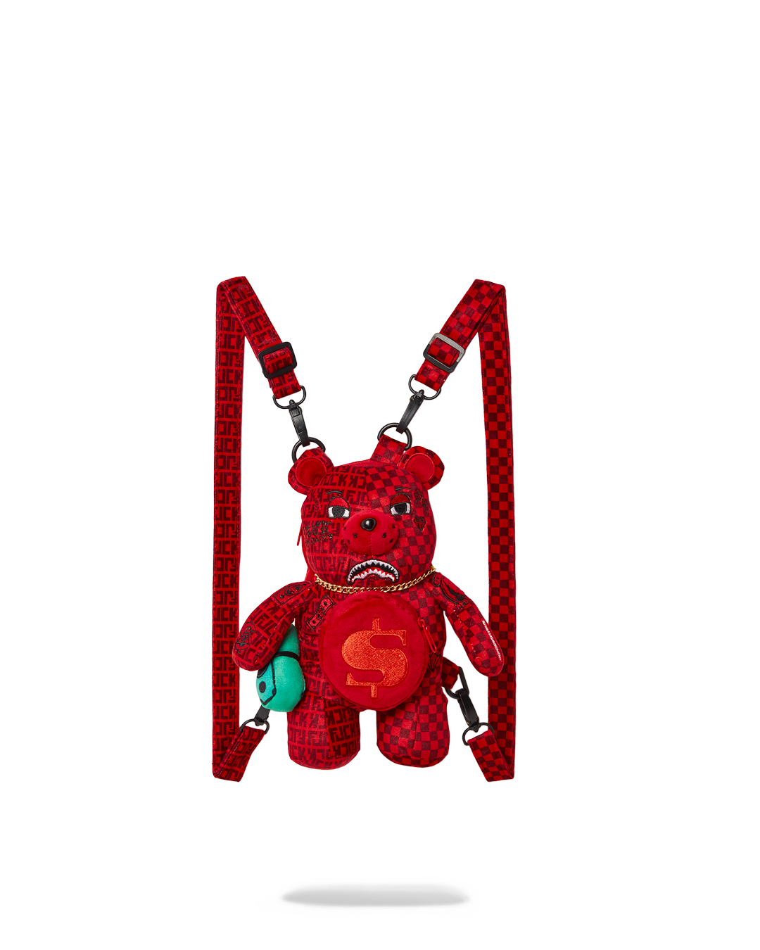 Sprayground Teddy Bear Backpack - front view with gold necklace and money stack details