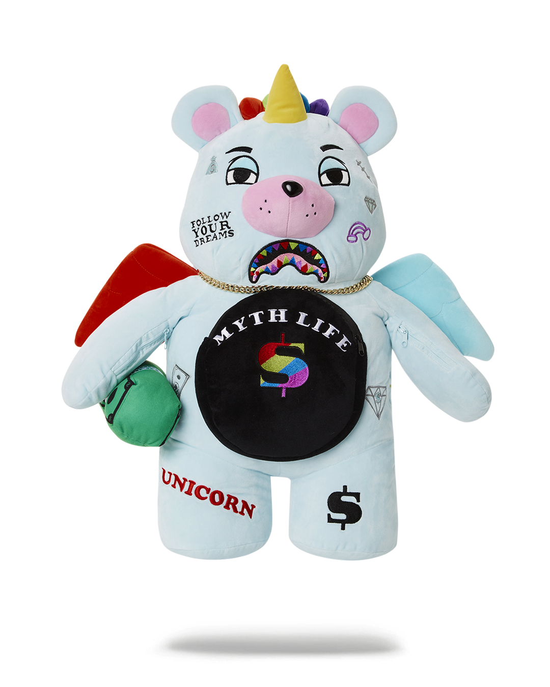 Front view of teddy bear backpack with belly zipper pocket and gold details