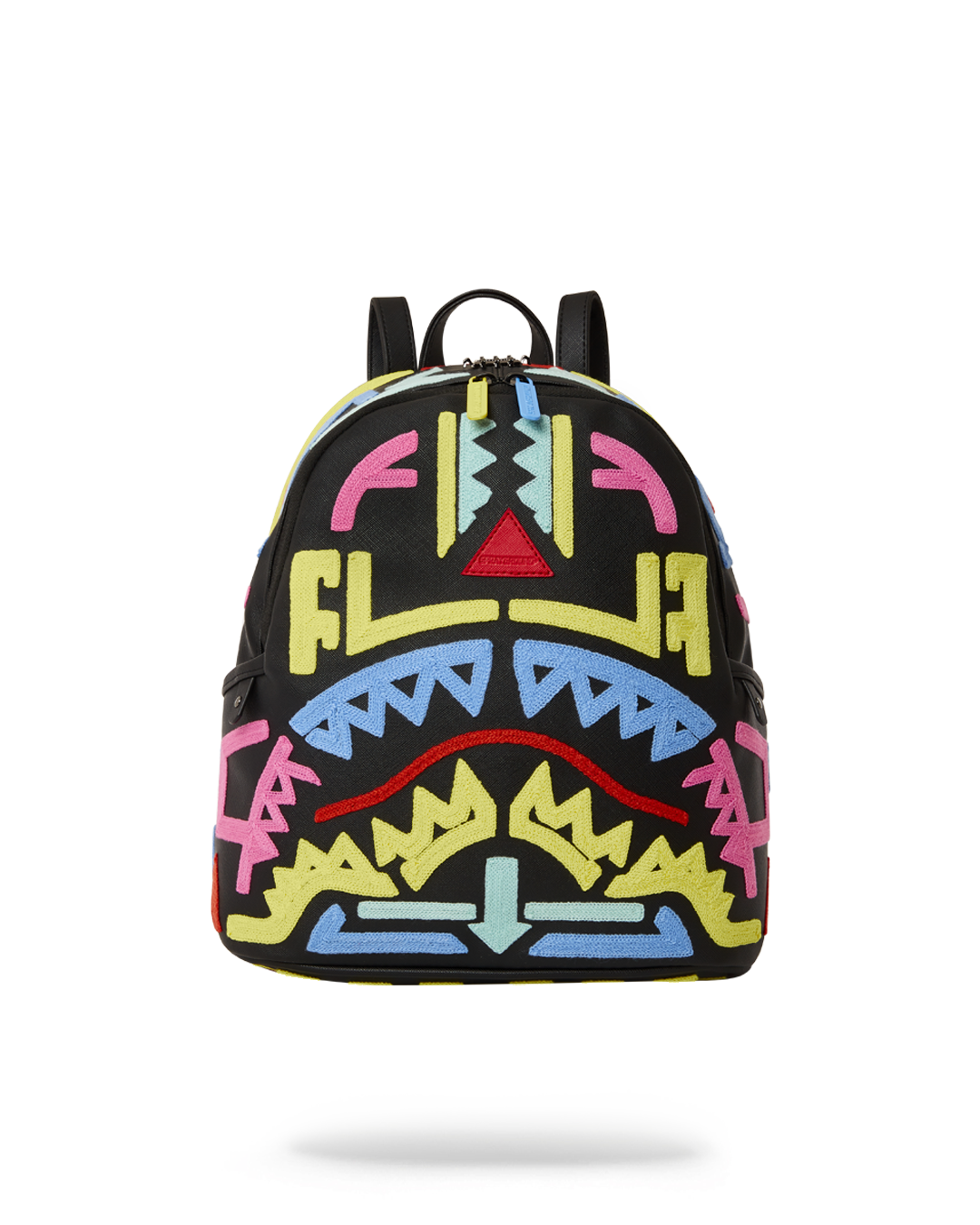 Side profile showing gold zippers and adjustable straps on designer backpack