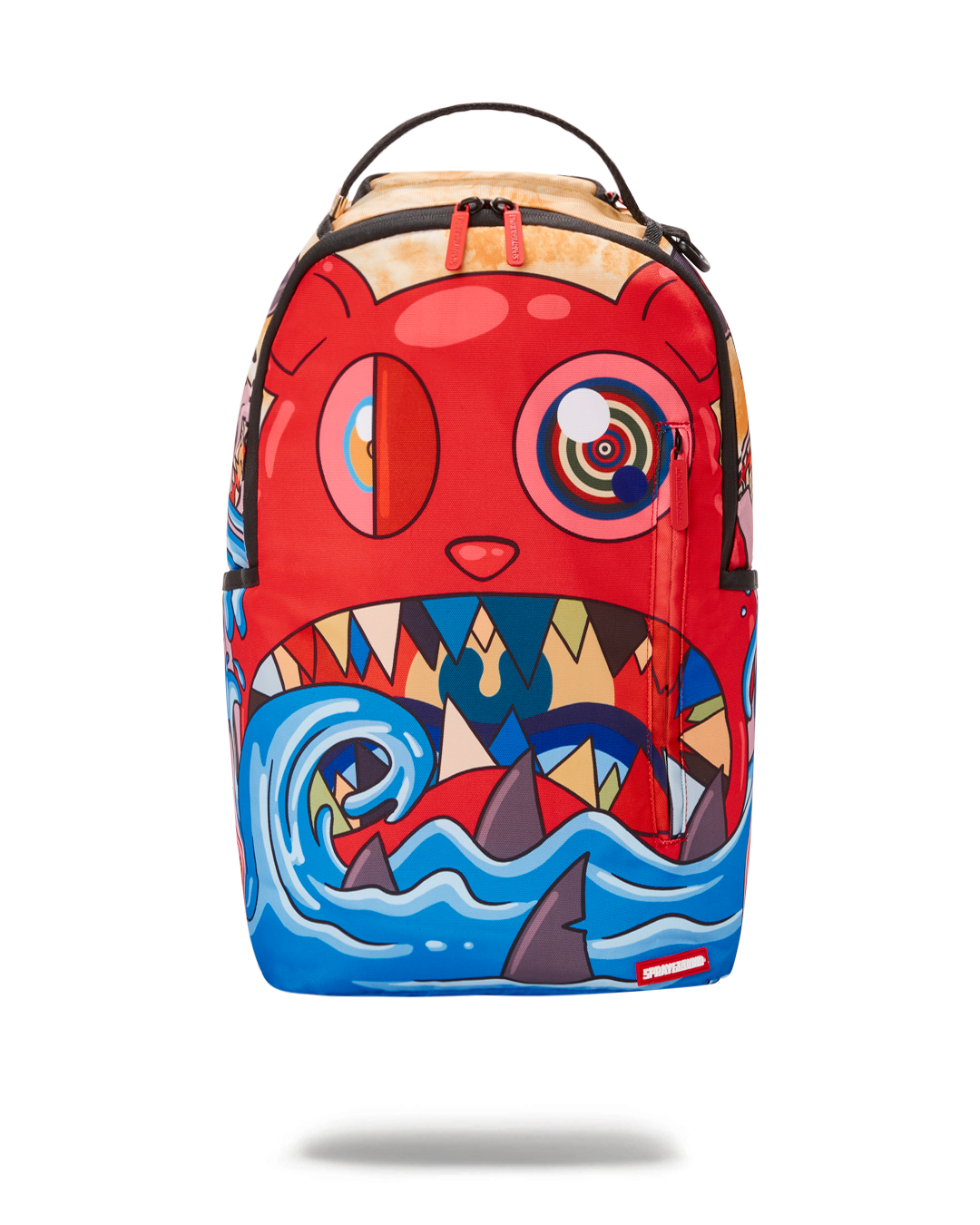 Front view of the DLXR recycled backpack showing its green zippers and sleek finish