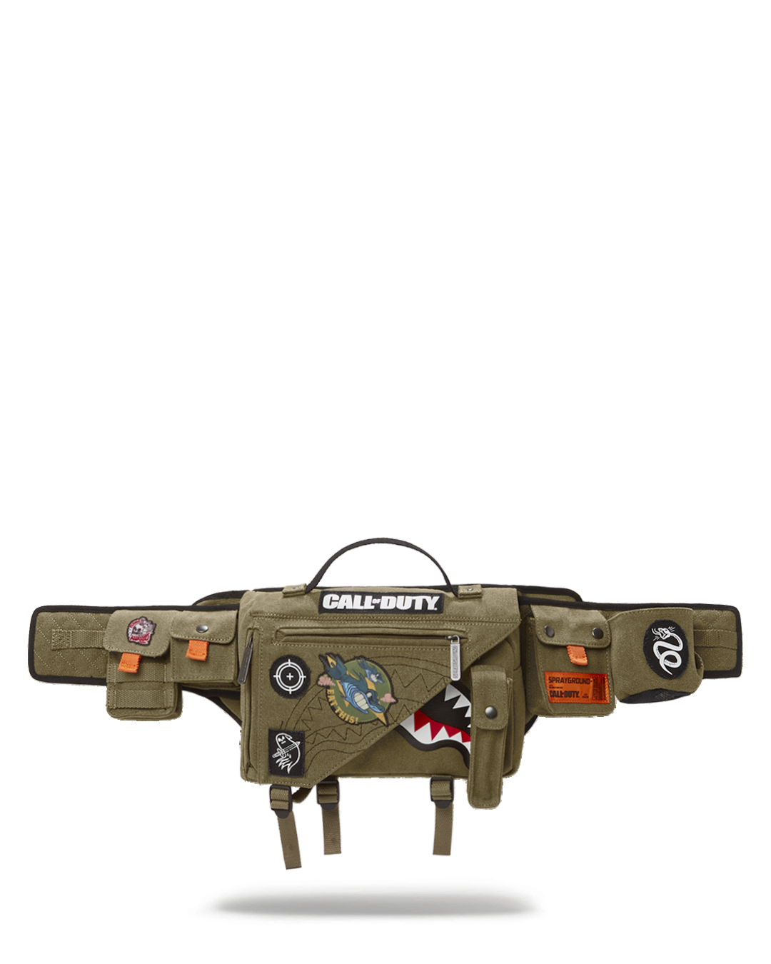 Front view of Call of Duty Never Back Down crossbody bag with utility pockets