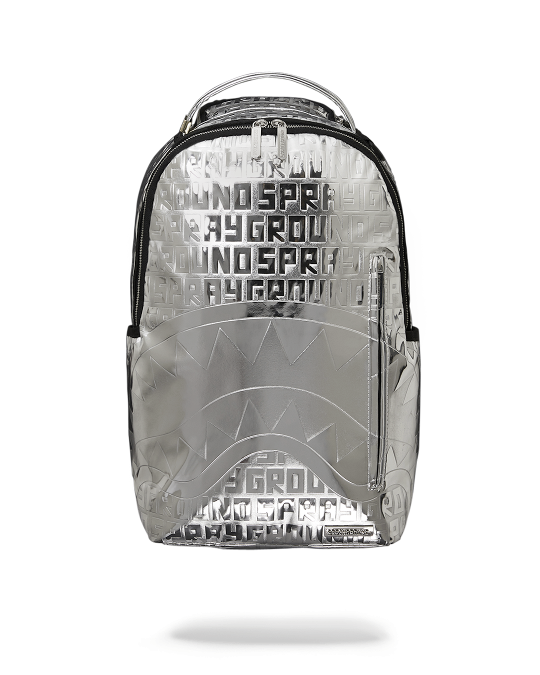 Front view of the metallic faux leather backpack with gold accents, perfect for urban outings