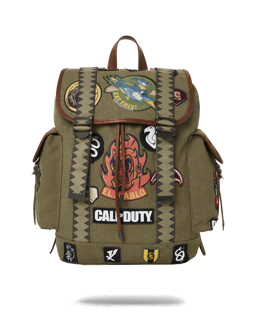 Front view of Monte Diablo Call of Duty bag showing metal buckles and cargo pockets