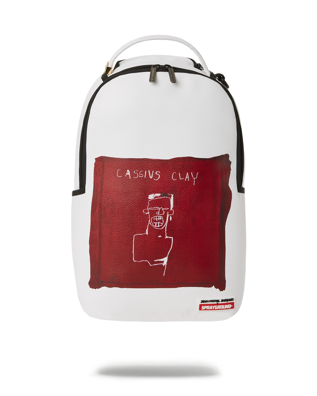 Close-up of the Basquiat-inspired faux leather backpack with gold zippers