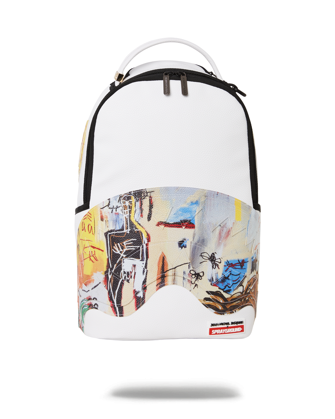Basquiat-inspired faux leather backpack with front zipper pocket and side pockets