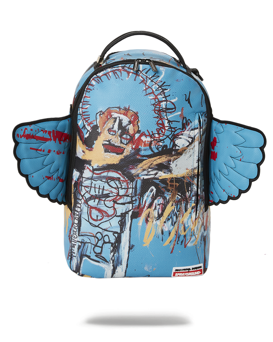 Front view of Basquiat Fallen Angel backpack with designer art collaboration details