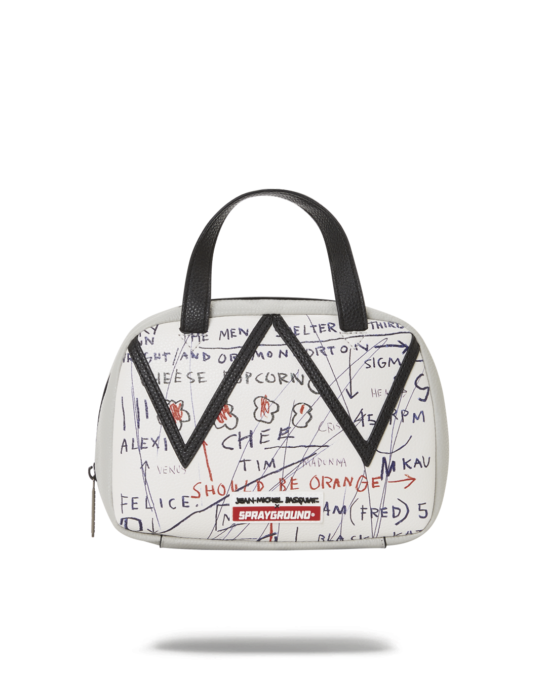 Side view of Basquiat handbag showing elastic loops for brushes and pens