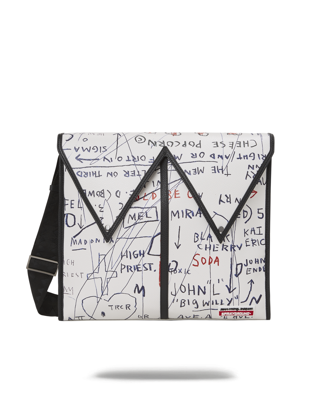 Side view of the messenger bag highlighting adjustable strap and Basquiat print