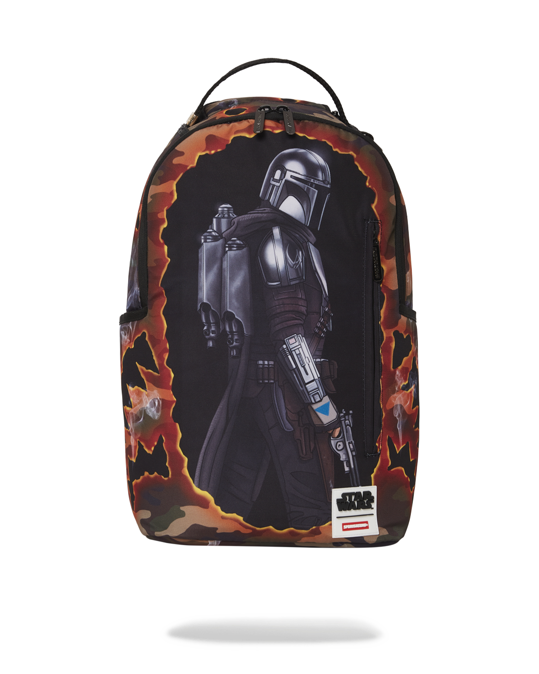 Front view of Mandalorian backpack star wars design with shark graphics