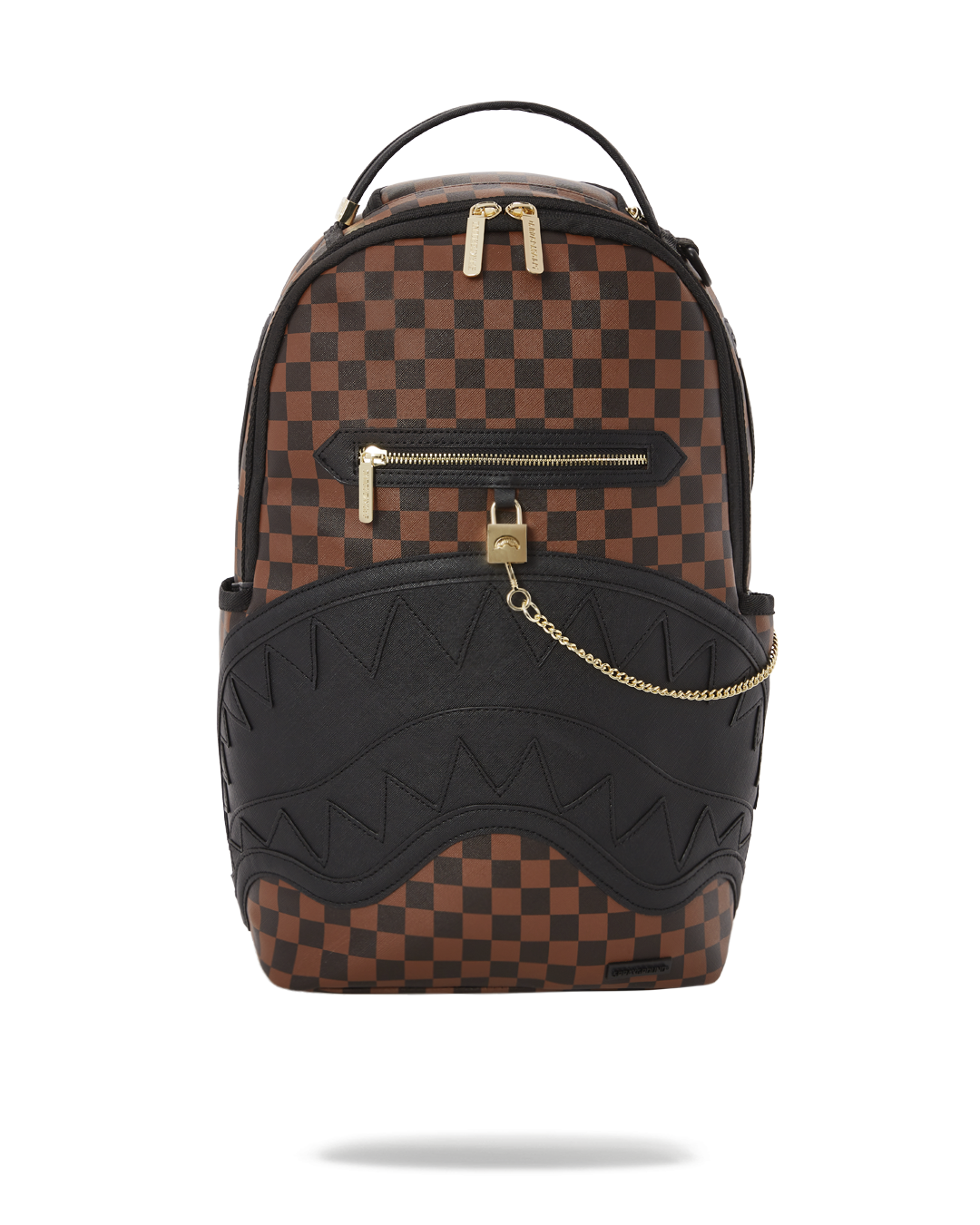 Faux leather backpack with gold lock and shark mouth embossing, front view