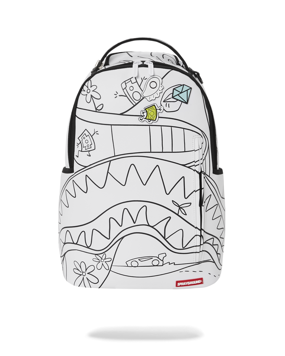 Black faux leather mini backpack with enamel pins, shown on a city commuter