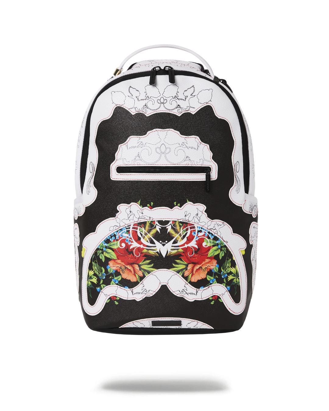 Front view showing floral cut design and gold zippers on backpack