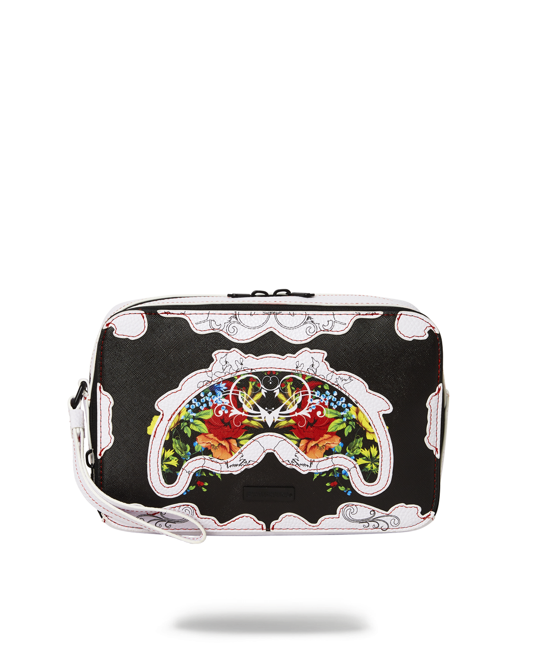 Faux leather floral toiletry bag with zipper compartments for travel and organization